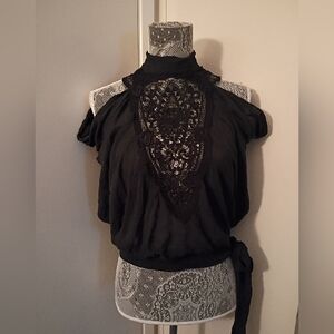 Robert Rodriguez Black 100% Silk Off Shoulder Tie Top Lace Vintage Size 2